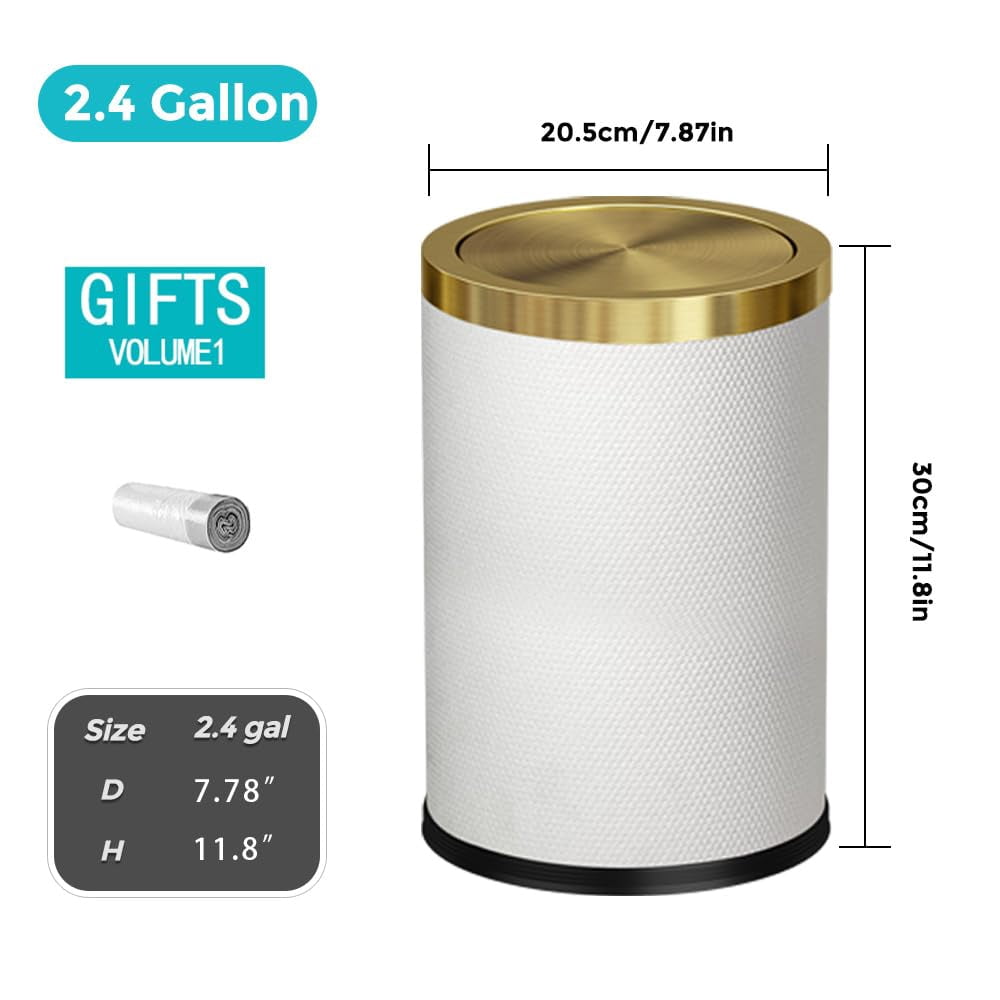 2.4 Gallon Bathroom Trash Can with Lid, Pu Leather Modern Garbage Can, Round Decorative Waste Basket, for Near Desk, Powder, Bedroom, Hotel, Office, Home