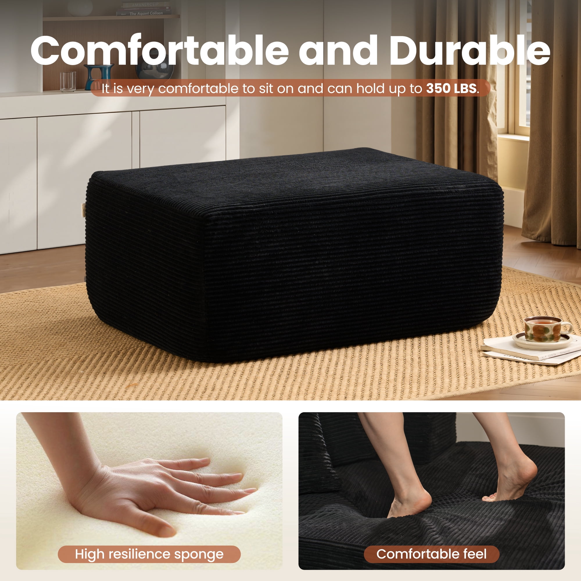 Ovios Oversized Ottoman Footrest for Sofa Large Corduroy Pouf Ottoman Coffee Table Rectangle Floor Bench Extra Seating for Living Room, No Assembly, Back