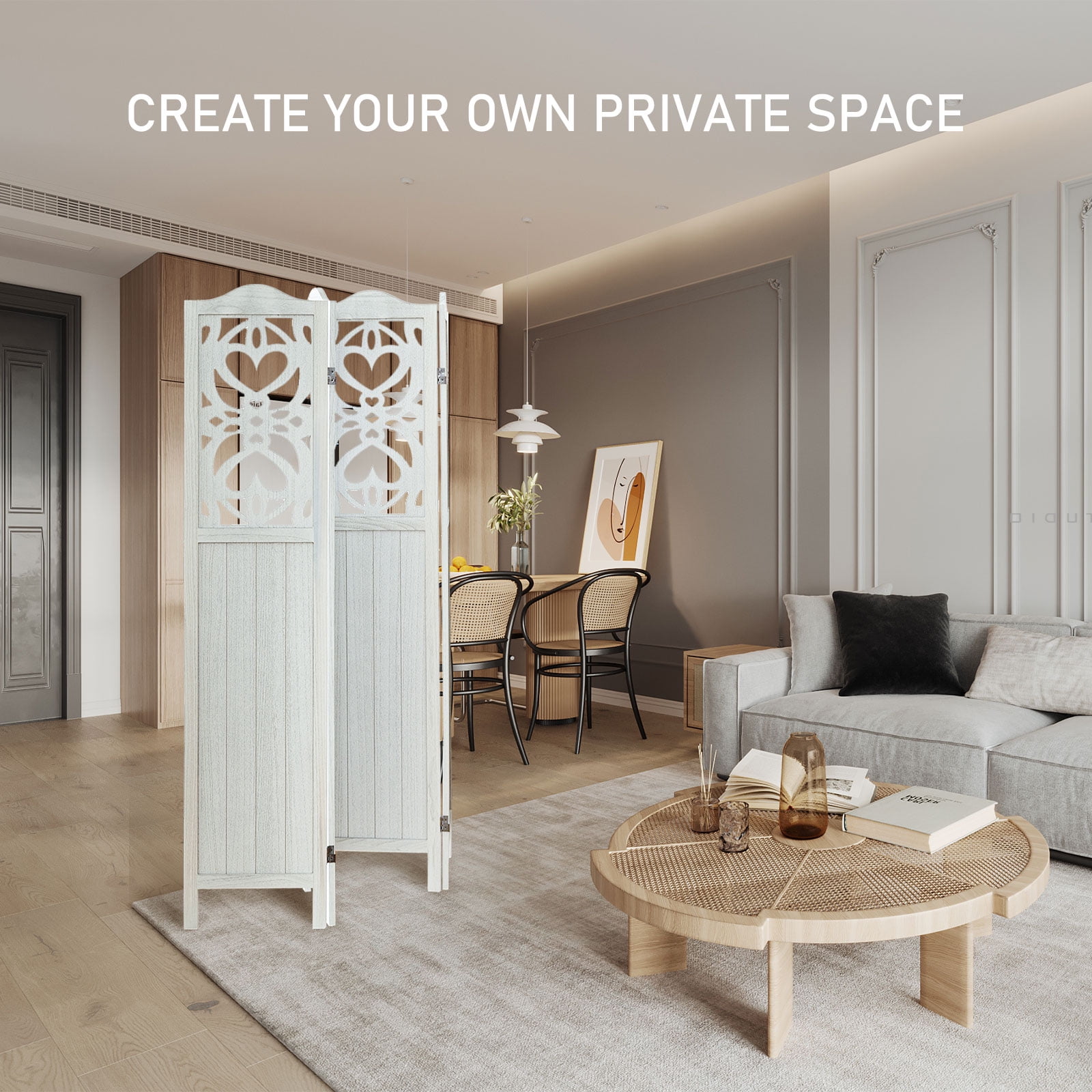 Aletheiawu 4 Panel Wood Room Dividers and Folding Screens, No Installation Required, Rustic White
