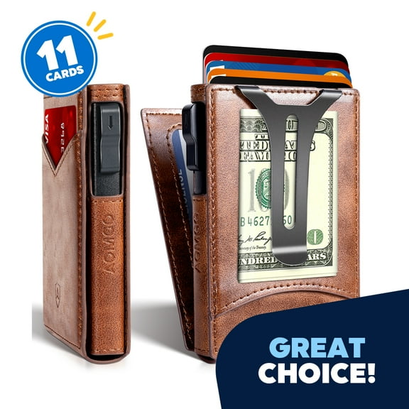 AOMGO Men Wallet,Money Clip Smart Wallet Slim For Gift Men 11 Cards-Metal Credit Card Case in Magnetic Vegan Leather Flip