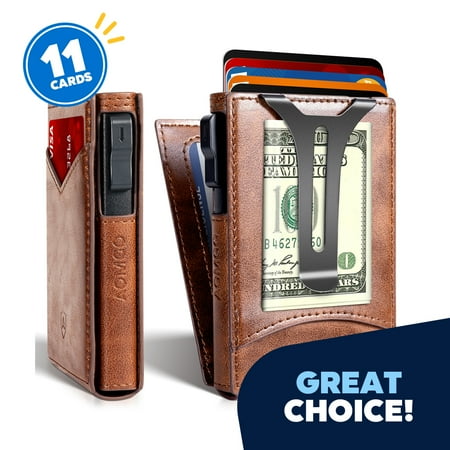 AOMGO Men Wallet,Money Clip Smart Wallet Slim For Gift Men 11 Cards-Metal Credit Card Case in Magnetic Vegan Leather Flip