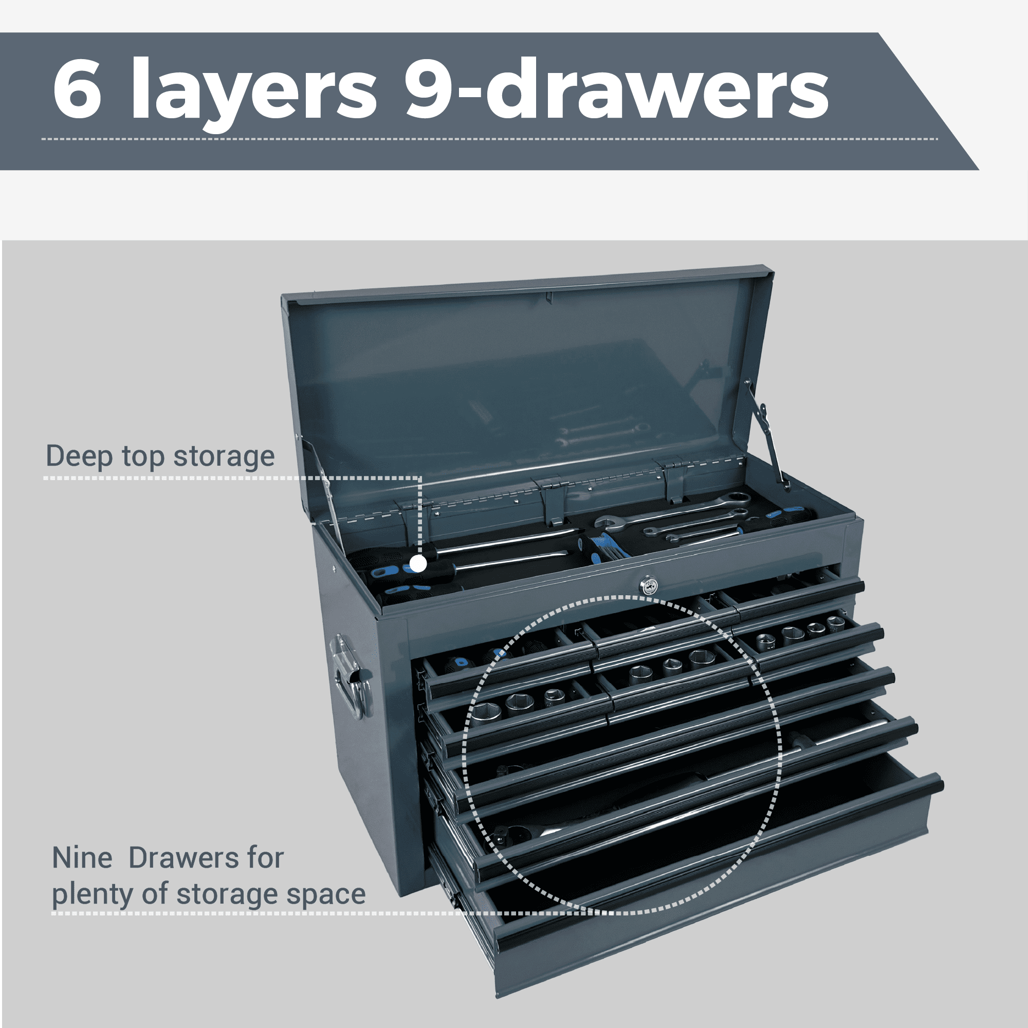 Heavy Duty Metal Tool Box,24 Inch Portable Tool Chest with 9 Drawers, Ball Bearing Slide Drawers with Auto-Locking System, Lockable Top Box Tool Organizer for Garage, Workshop, Truck,Grey