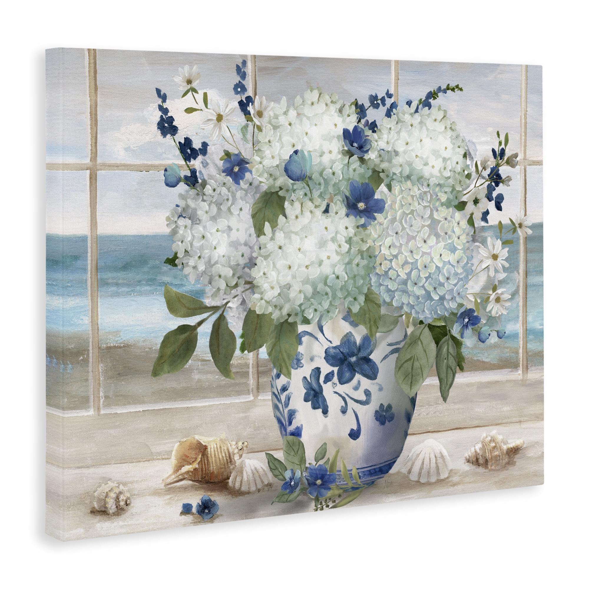 Stupell Industries Seaside Hydrangea Bouquet in Window Canvas Wall Art, design by Nan