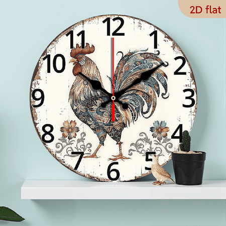 2D Flat 1pc 10Inch Vintage Retro Wooden Wall Clock Featuring a Rooster Design, Silent And Noiseless, Perfect for Decorating Living Rooms And Kitchens, And Makes a Great Gift for Friends