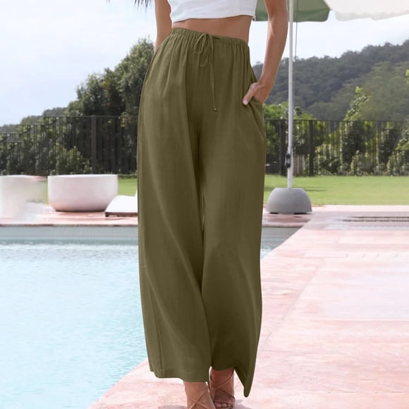 Pantalon Décontracté pour Femmes, Taille Haute Élastique, Jambes Larges, Tissu Extensible Confortable, Coupe Décontractée, pour Usage Quotidien, Style Polyvalent, Mélange de Coton Doux, Longueur 30 Pouces, Tenues Urbaines