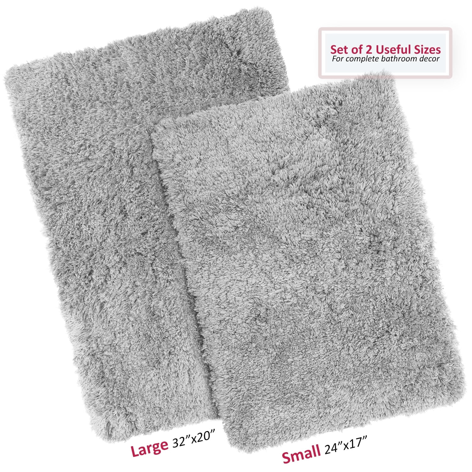 Porch & Den  Lorena Shaggy/ Non-slip Rubber Backed Bath Rug Set Silver 2 Piece Set 2-Piece