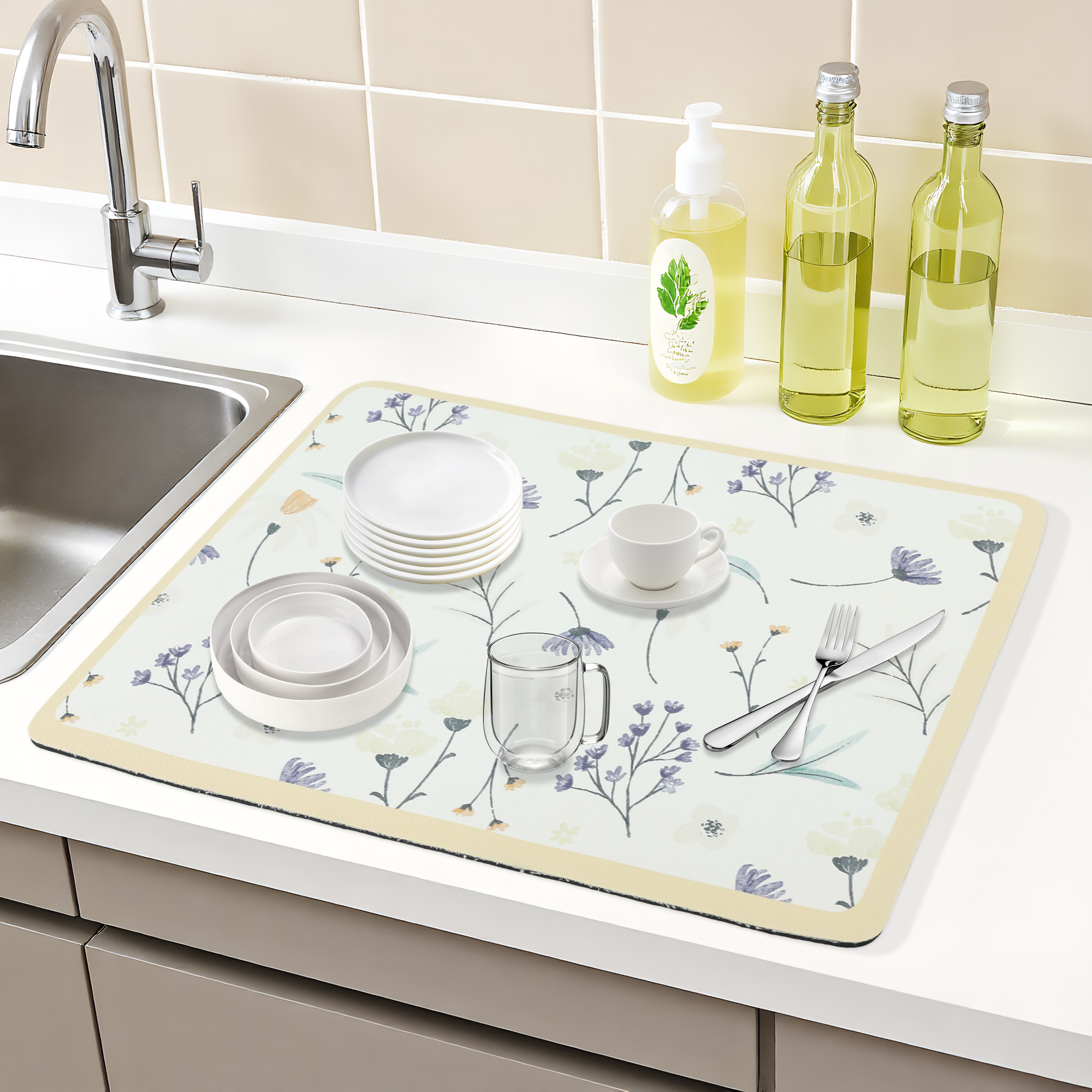 Unique Bargains Floral Quick Dry Dish Drying Mats for Kitchen Light Orange 23.6*19.7 inch