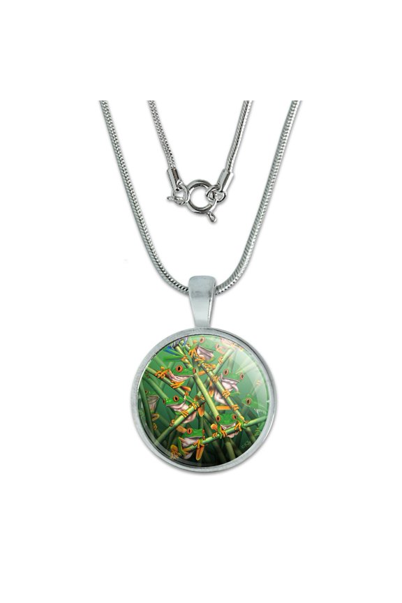 Red Eye Tree Frog Grouping Tropical Rainforest 0.75" Pendant with Sterling Silver Plated Chain
