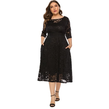 OBEEII Womens Plus Size Floral Lace Dresses 3/4 Sleeve Summer Wedding Guest Dress Formal Cocktail Swing Midi Dress with Pockets