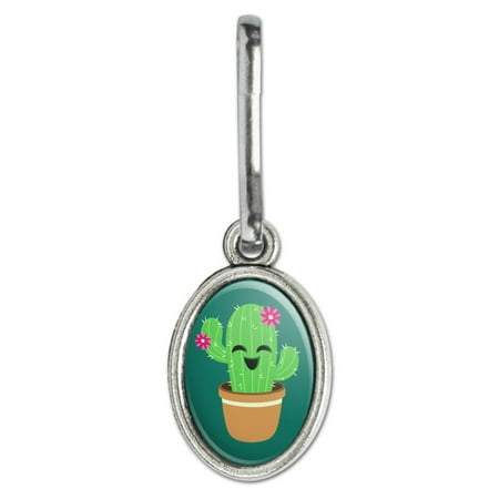 Pot Puree Cute Cactus in Pot with Pink Flowers Antiqued Oval Charm Clothes Purse Suitcase Backpack Zipper Pull Aid ()
