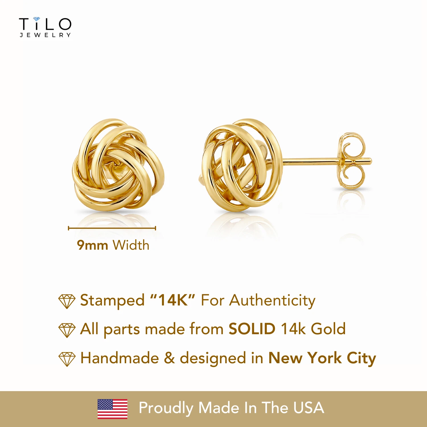 Tilo Jewelry 14K Yellow Gold Classic Polished Love Knot Stud Post Earrings with Secure Push-Backs | 9MM | Women & Unisex