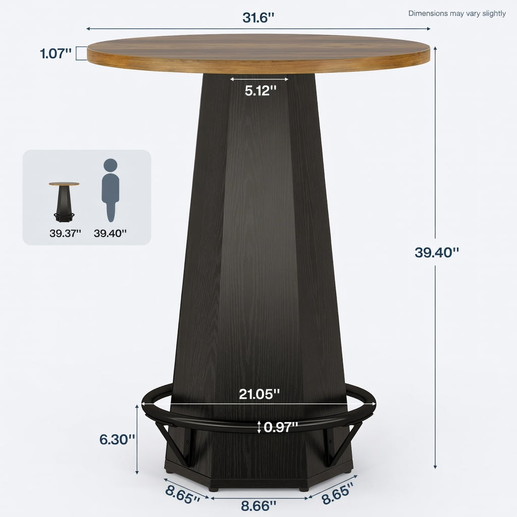 Hommoo 31.5 Inch Round Bar Table with Hexagonal Base & Metal Footrest, Industrial-Style Bistro Pub Cocktail Table for Home Bar, Cafe, or Kitchen Island, Black