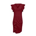 thumbnail image 4 of IROINNID Sheath Dress For Women Casual Gorgeous Solid Slimming Ruffle Hem Ruched Sleeveless Dress V-Neck Below The Knee Dress, 4 of 6