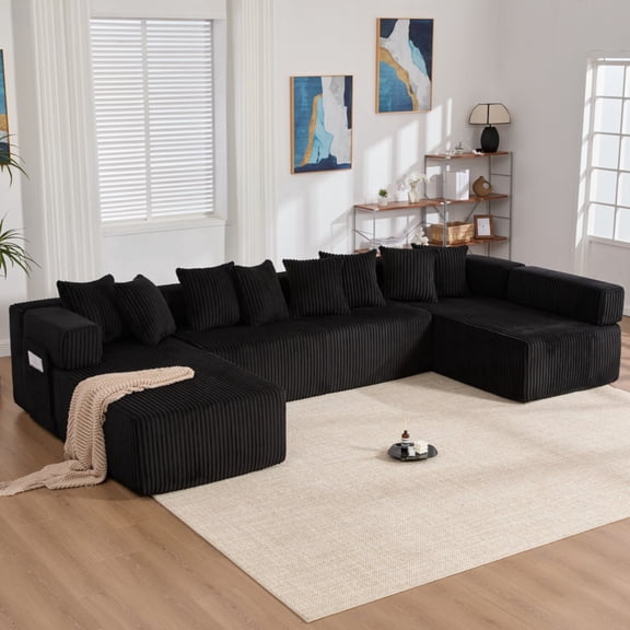 146" U-Shaped Sectional Sofa, Modular Boneless Couch, 5-Seater Convertible Sleeper Sofa, Deep Seat, Corduroy Fabric, Black