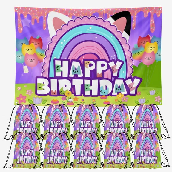 OdeJous Happy Birthday Party Supplies,10 Pieces Cartoon Candy Drawstring Bag Include Backdrop 7x5FT, Drawstring Goodie Favor Bags for Birthday Party Decorations(10.6 x 13.3 Inch)