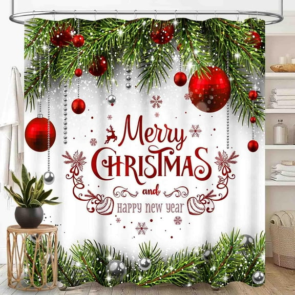 Christmas Shower Curtain for Bathroom, Xmas Merry Christmas Fir Twigs Red Ball New Year Holiday Party Decor Waterproof Fabric Shower Curtain Set with Hooks-72"W x 74"L (Pack of 1)