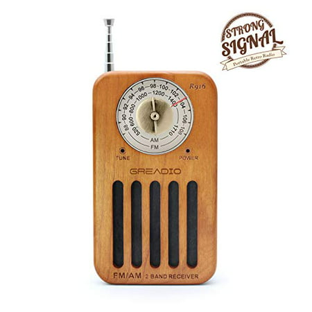 AM/FM Portable Radio, Retro Cherry Wood Pocket Radio with Best Reception, Headphone Jack, Battery Operated Personal