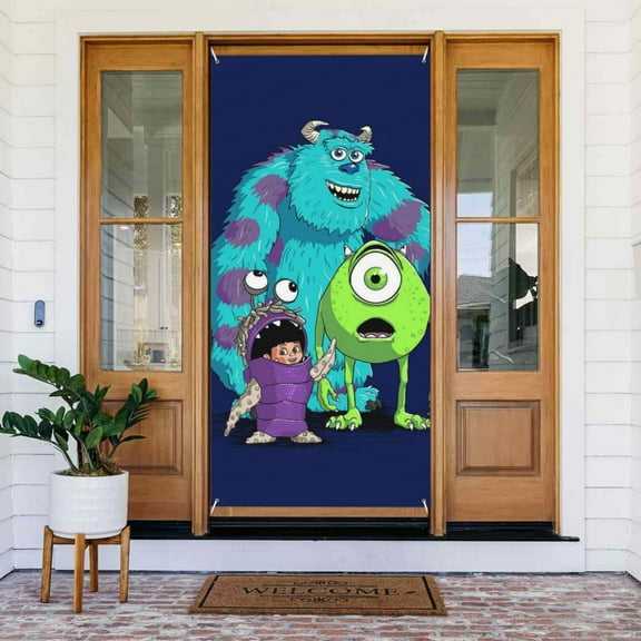 Door Cover Decor Monsters Inc Banner Composition Wall Door Decor Porch Sign for Porch Party Indoor Outdoor 72.8 x 35.4 Inch