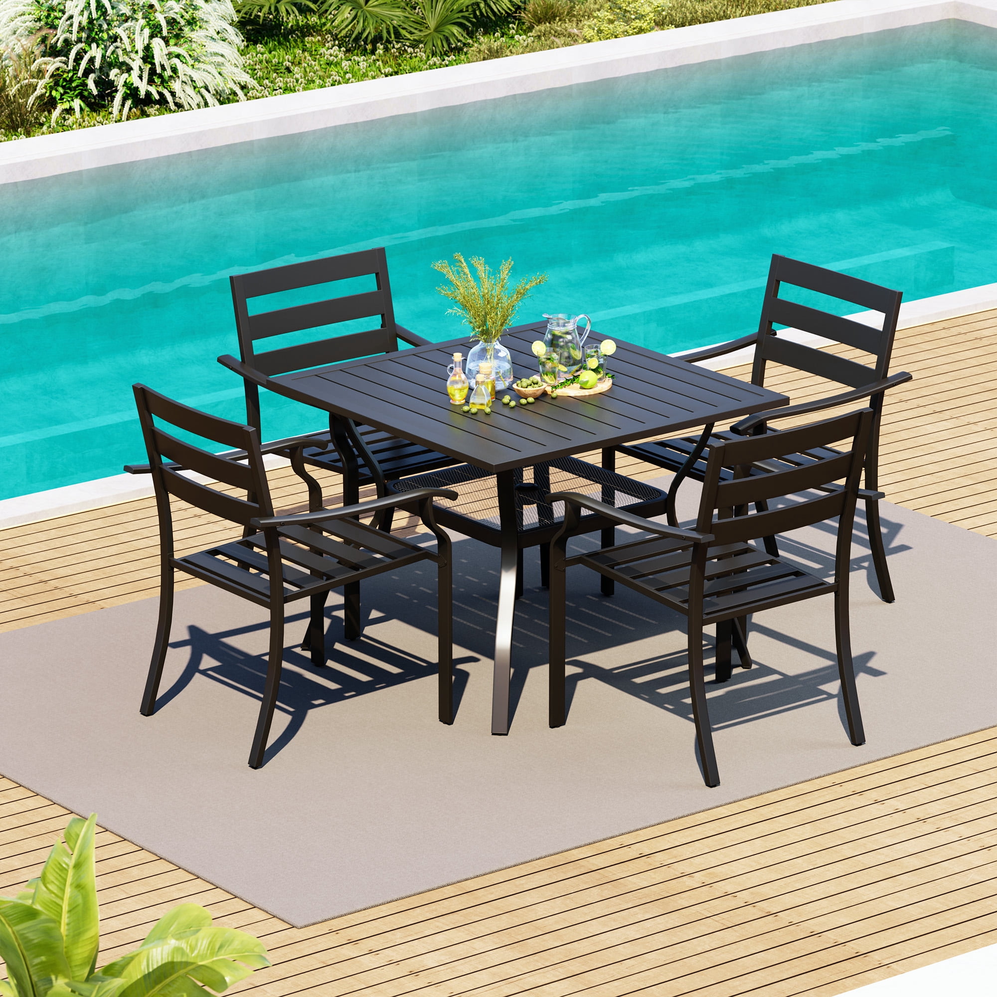 Homrest 5 Piece Steel Foldable Outdoor Conversation Sets with Table with Umbrella Hole and Stackable Chairs