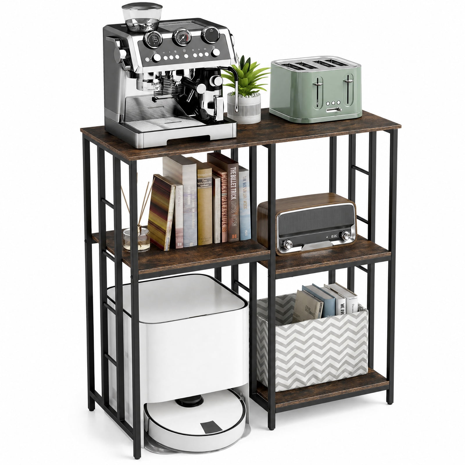 RUIE 4-Tier Heavy-Duty Kitchen Baker's Rack, Industrial Coffee Bar Microwave Oven Stand with Reversible Layout and Anti-Tipping Kit, Brown