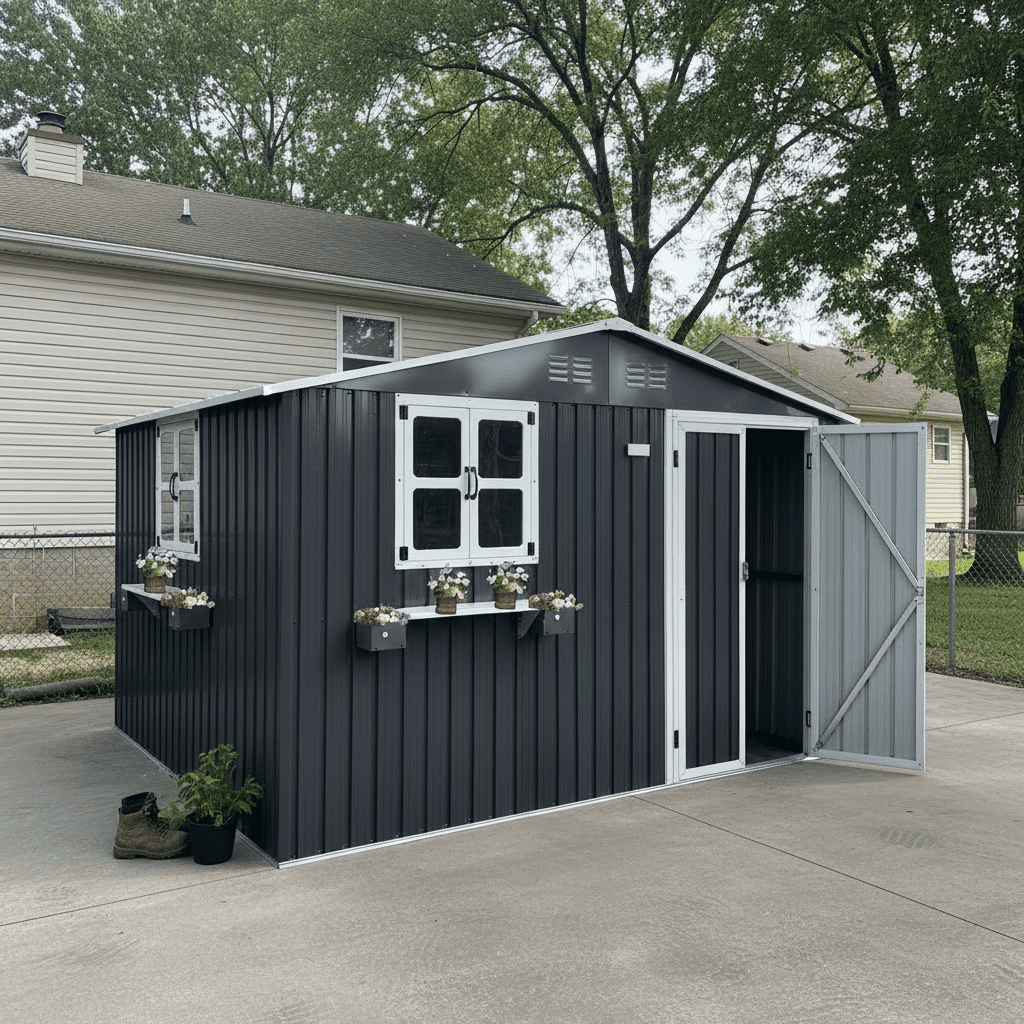 Mintazer 10×8ft Metal Outdoor Storage Shed with Lockable Door & Window, Weatherproof Garden Tool Shed with Flower Baskets, Coal Gray