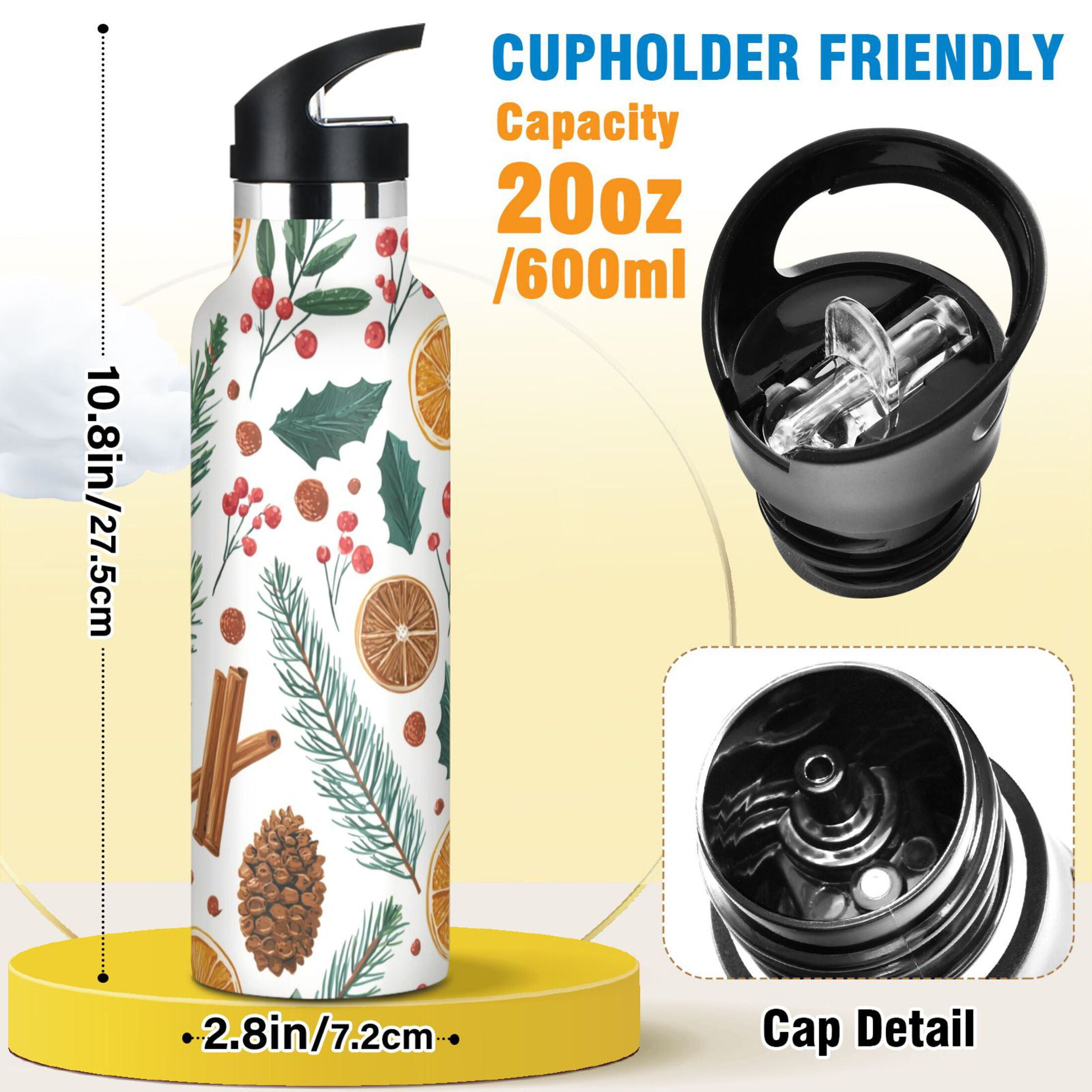 Kids Insulated Stainless Steel Sports Water Bottle 600ml (20oz) Christmas Spices and Holly Leaves