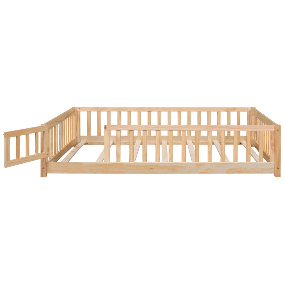 Full Size Floor Bed, Wood Platform Bed with Fence and Door, Montessori Bed Frame with Slats Support, Playhouse Bed with Door Design, Natural