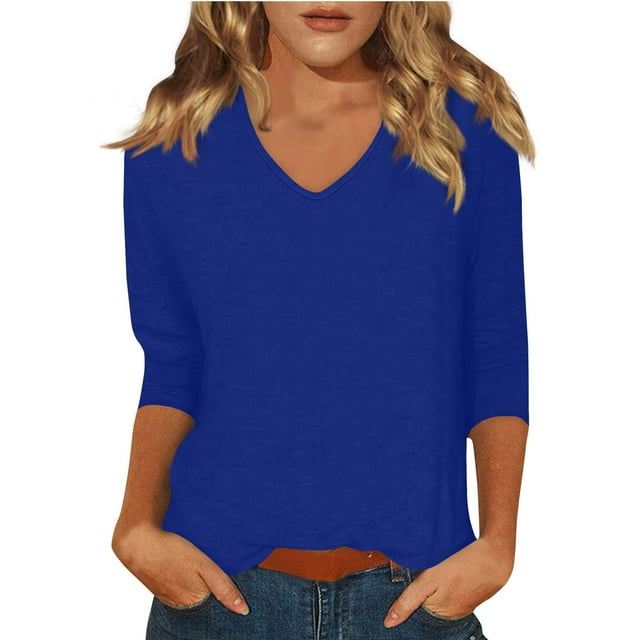 DENGDENG Ladies Three Quarter Sleeve Tops Summer V-Neck Basic Tees Clearance Casual Elbow Shirts Plus Size Three Quarter Length Tunic Tops Boho Solid Color Clothes Dark Blue S
