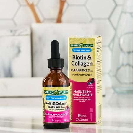 Spring Valley Biotin & Collagen, 15,000 mcg Fast Acting Liquid Supplement, 2 fl oz