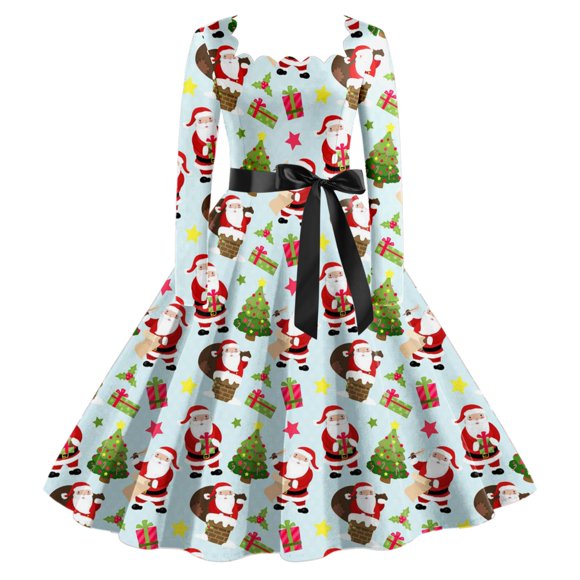 Wyzesi White Dresses for Graduation Midi Christmas Women's Classic Tea Dress Long Sleeve Dress with Belt Swing Party Dresses Christmas Pajamas Costume