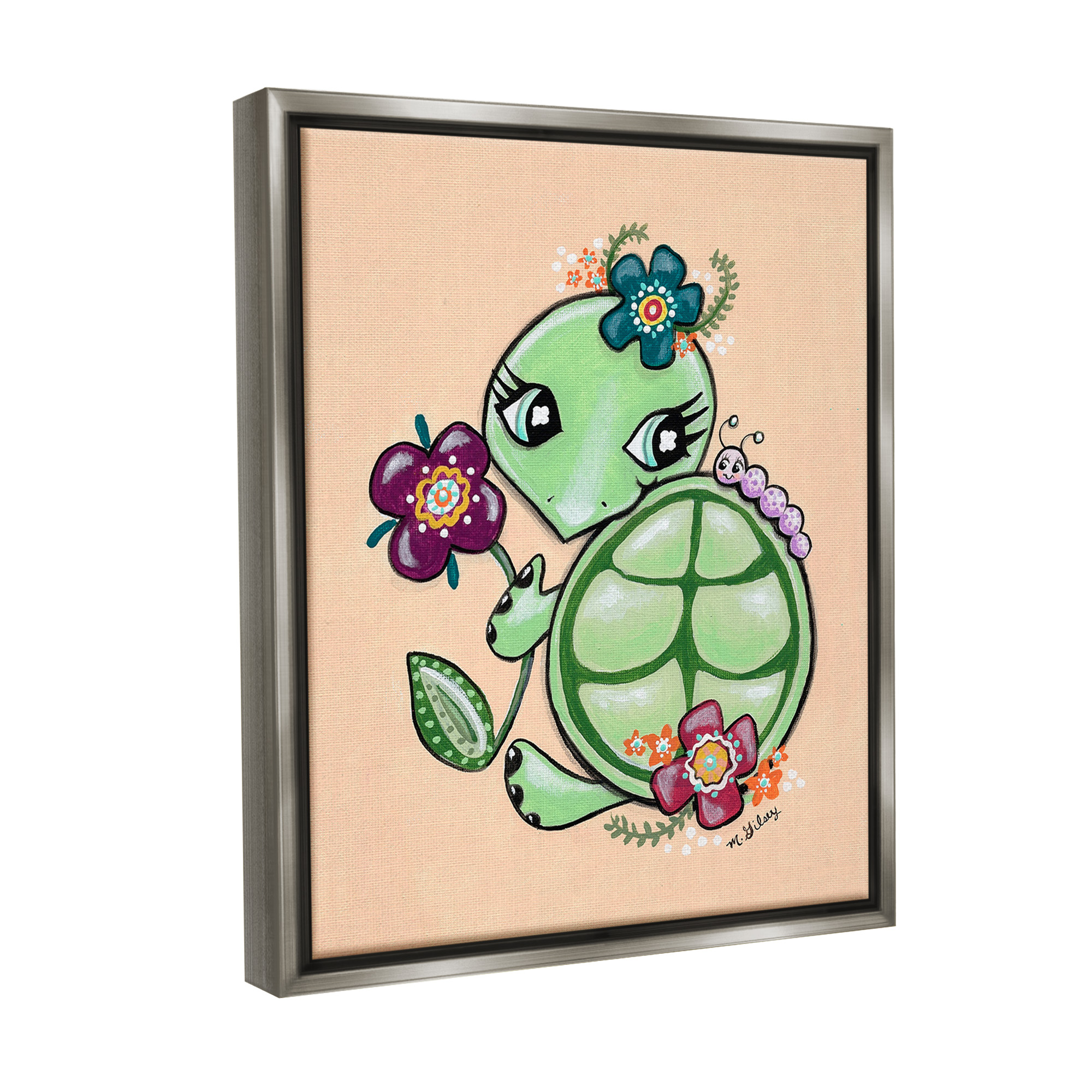 Stupell Industries Floral Blossom Turtle Animals & Insects Painting Gray Floater Framed Canvas Art Print Wall Art, 17 x 21