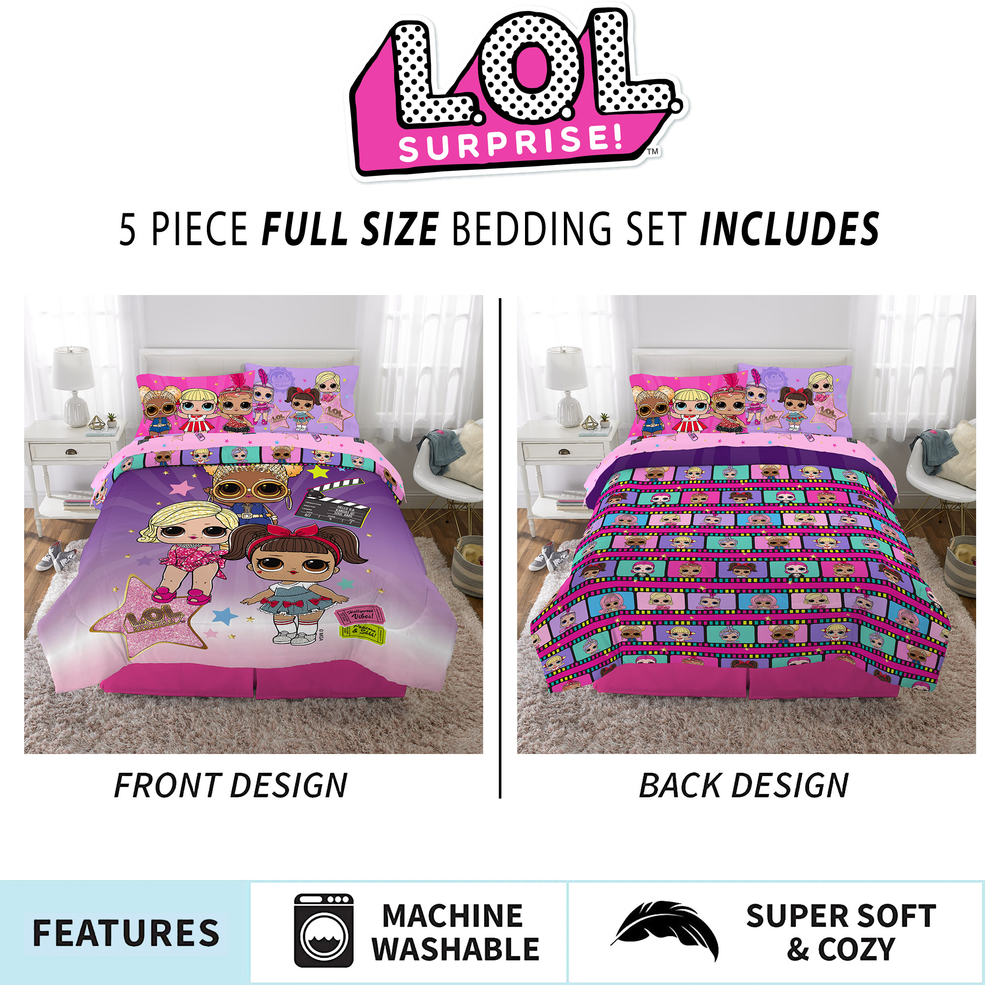 LOL Surprise Kids Full Bed in a Bag, Comforter and Sheets, Purple and ...