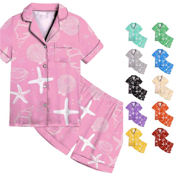 MEZZALL Girls Satin Pajamas Sets Ocean Themed Print Short Sleeve Lapel Button Down Tops & Shorts Sleepwear For Kids Soft Wear Casual Night Toddler Trendy Nightwear