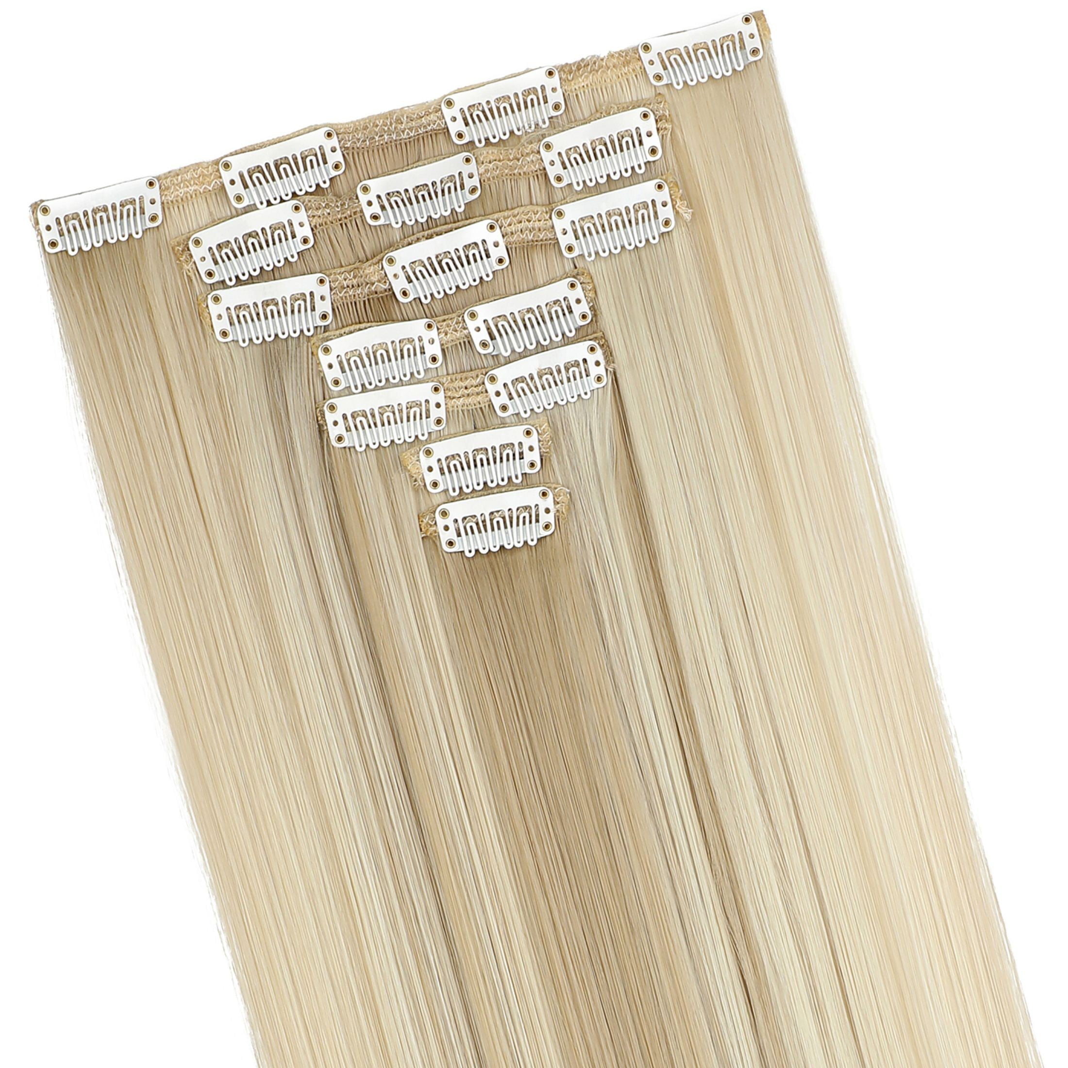 Qlenkay Clip in Hair Extensions Synthetic Hair 7 pcs Double Weft Long Wavy Straight Hair Extension for Women