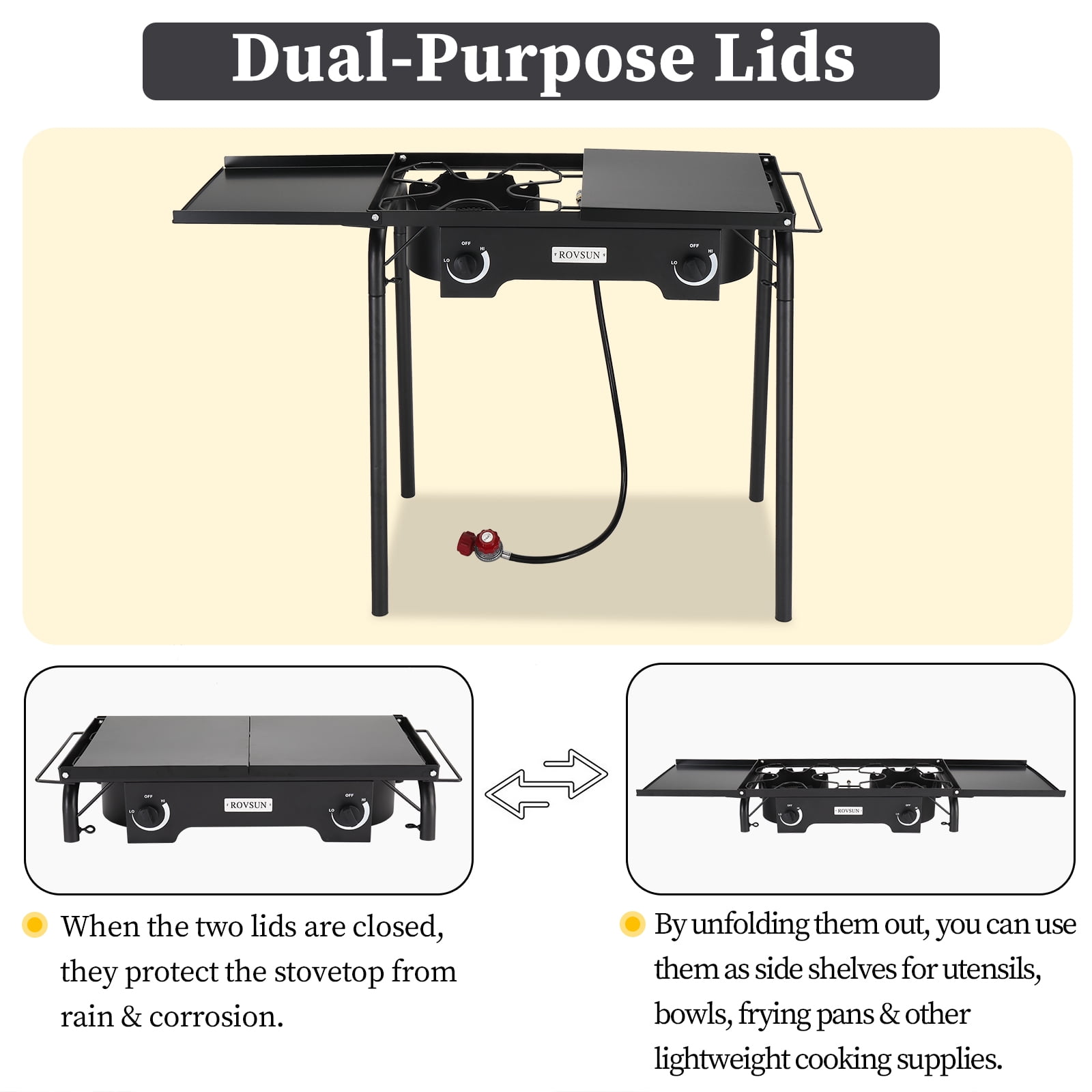 SalonMore Portable Outdoor Propane 15,0000 BTU 2-Burner Camping Stove with Removable Legs, Wind Panels,Regulator