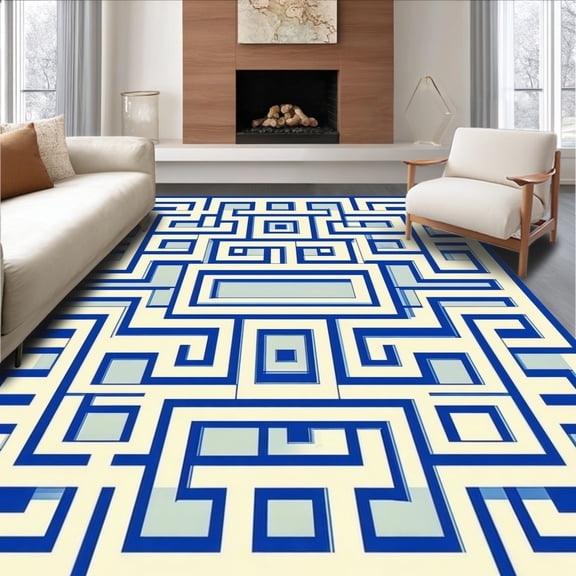 ODIKA 4'x6' Machine Washable Non-Slip Area Rug, Geometric Maze Interlocking Squar Mosaic Puzzle Artistic Design High Traffic Rug, Blue, 165338