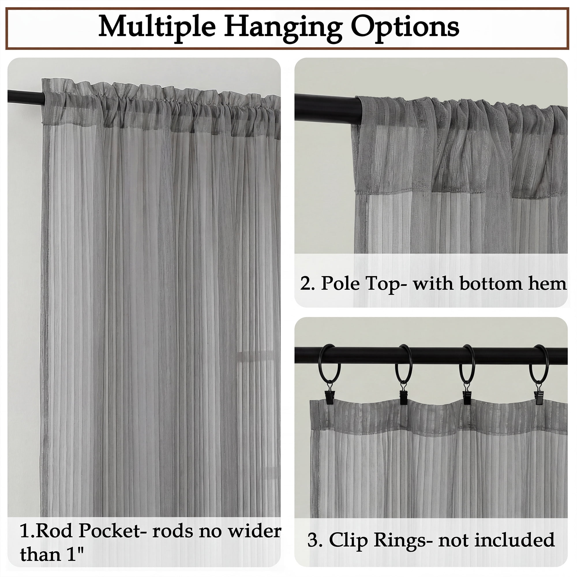 OVZME Luna 108" Charcoal Striped Sheer Curtains 2 Panels - Extra Long Floor Length Drapes for High Ceilings Living Room Patio Doors, Light Filtering Modern Textured, 52"W x 108"L Each