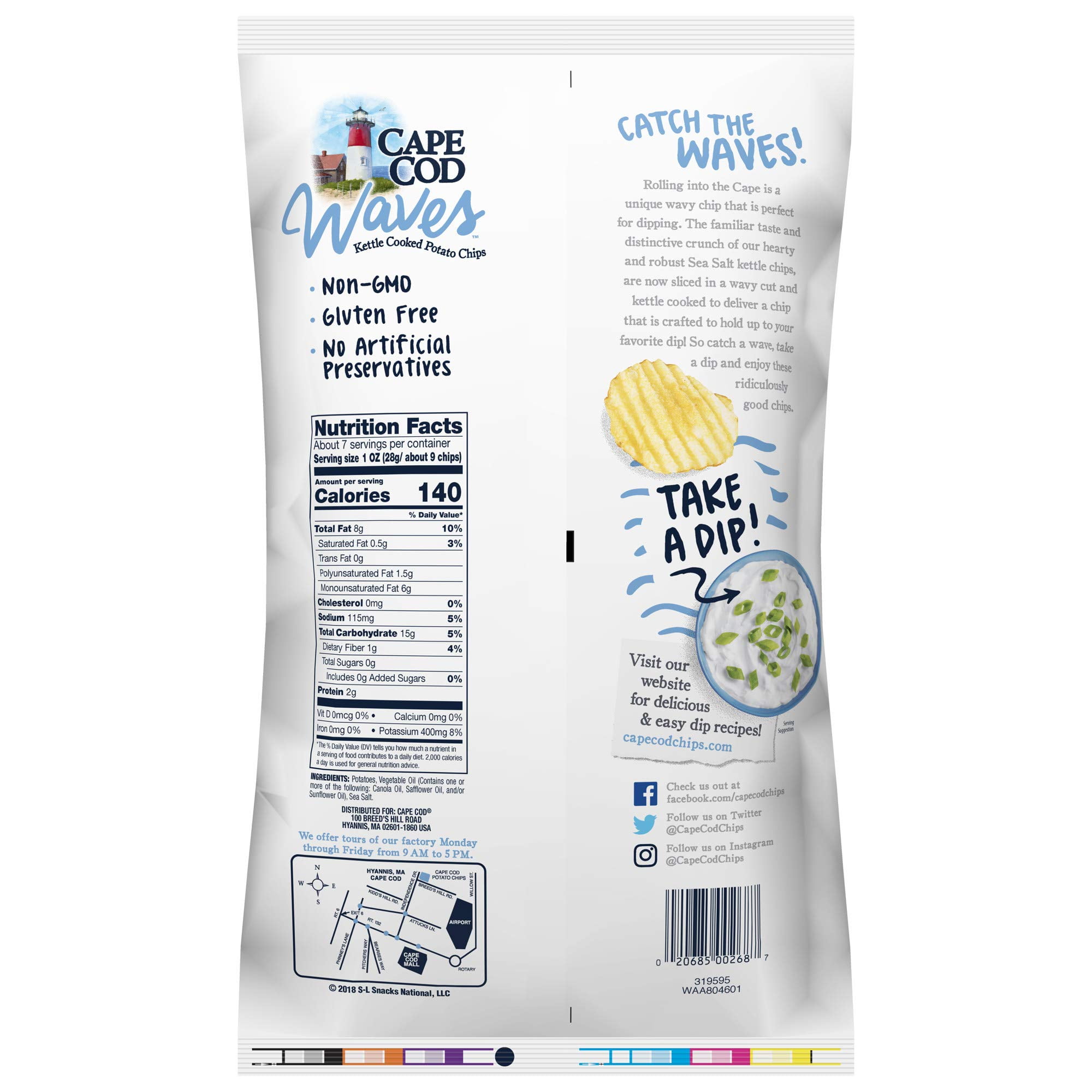 Cape Cod Waves Kettle Cooked Potato Chips, All Natural, 4-Pack 7.5 oz. Bags (Sea Salt)