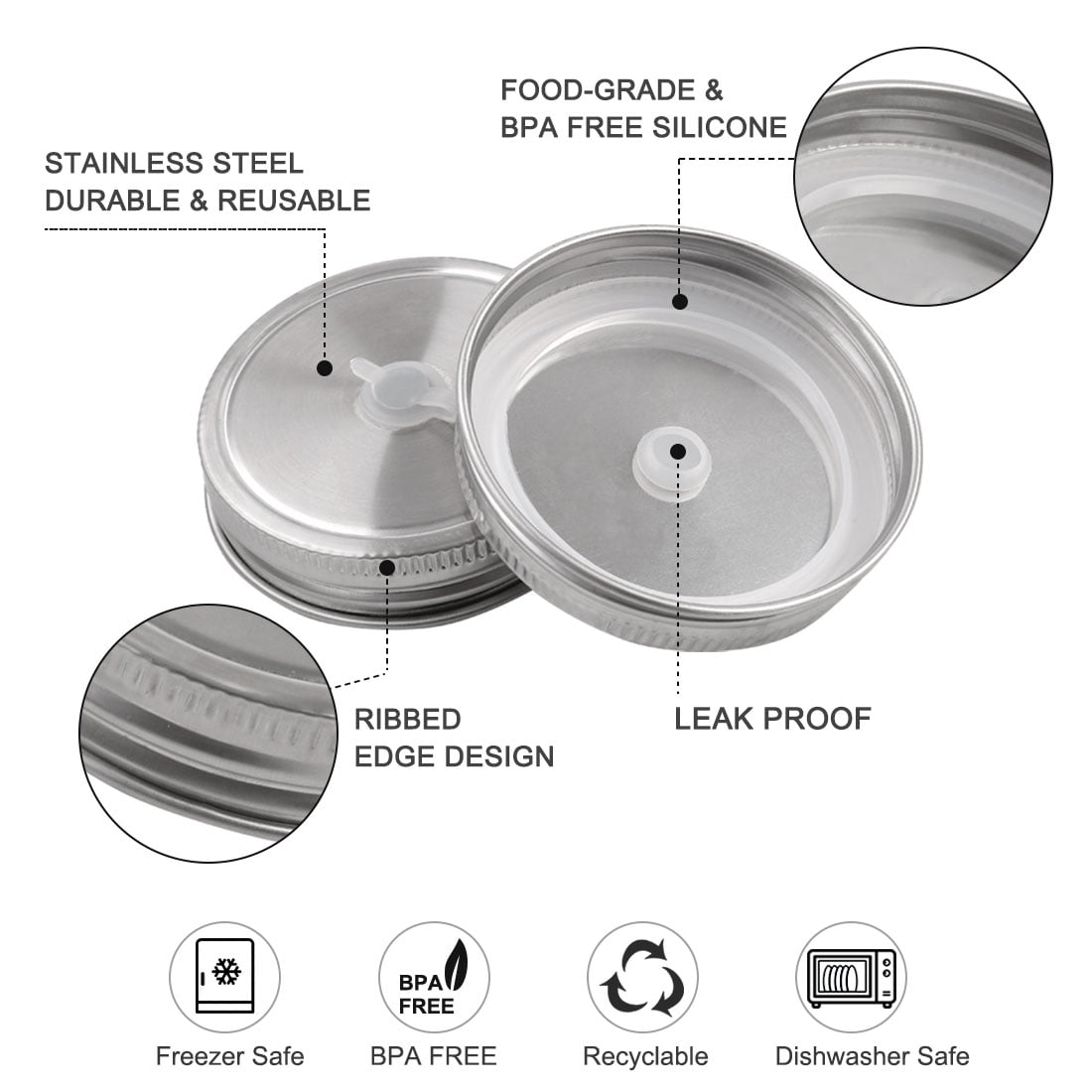 Unique Bargains 2 Pcs Stainless Steel Mason Jar Lids with Straw Hole for Drinking