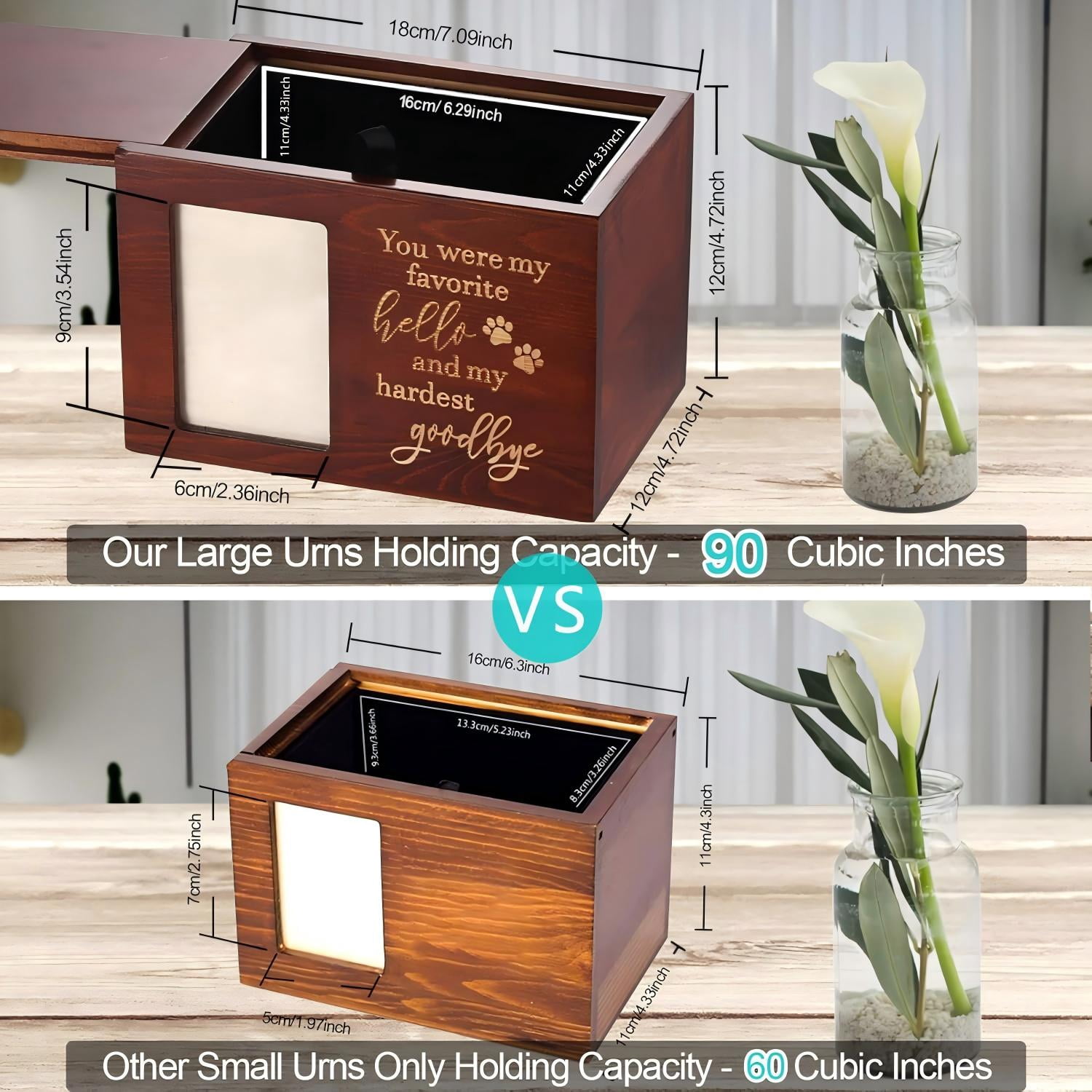 Pet Memorial Urn, Large Wooden Cremation Urn with Photo Frame, Keepsake Memory Box for Dog and Cat Ashes, Black Flannel Lining