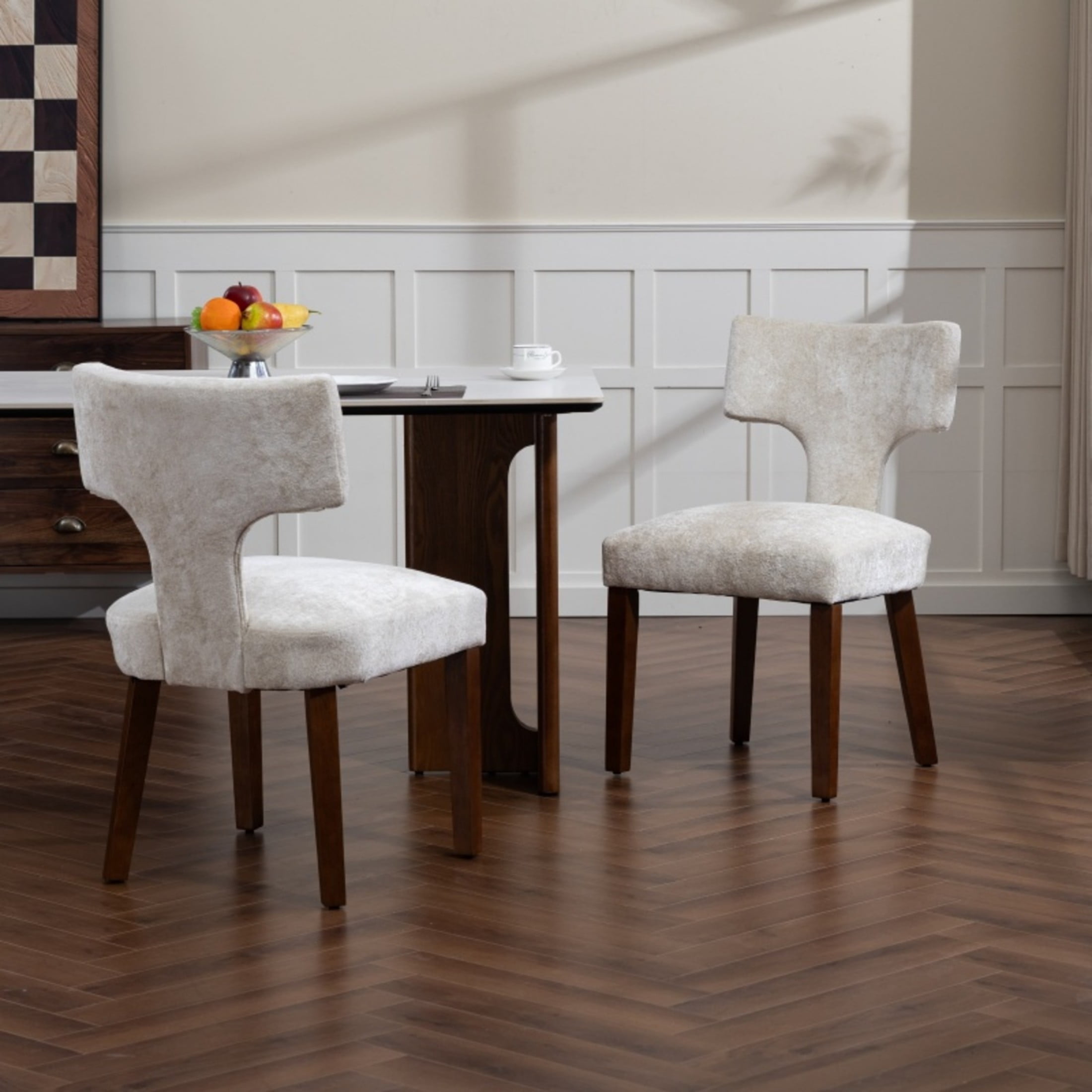 Noble House Mid-Century Fabric Upholstered Dining Chairs, Solid Wood Frame, Set of 2, Beige