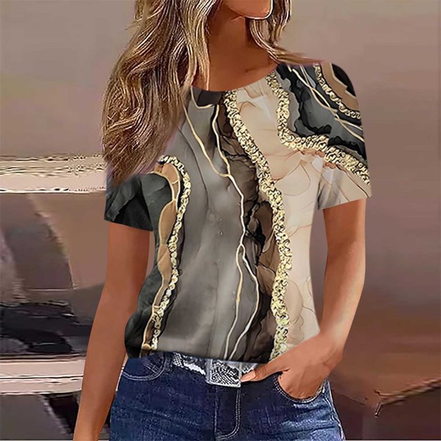 Puntoco Liquidación de camisetas cortas para mujer Camiseta estampada informal y de moda para mujer con cuello redondo y manga corta