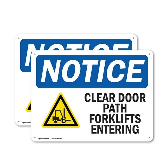 (2 Pack) Clear Door Path Forklifts Entering OSHA Notice Sign 24 Inch X 18 Inch Plastic Sign, Weather Resistant, UV Protected for Workplace, Business, and Construction Site, Made in the