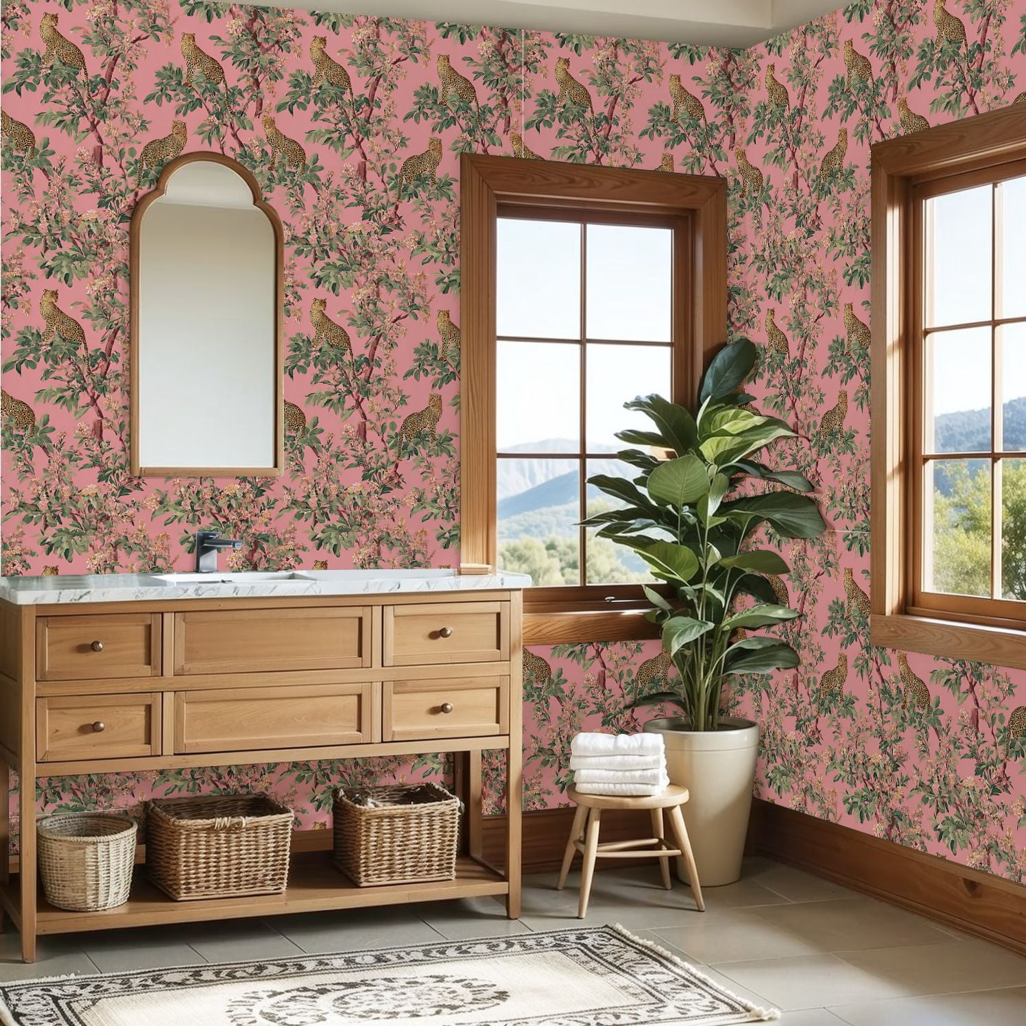 Peel and Stick Wallpaper Leopard Print Floral Pink Wall Mural 23.6in x 9.8ft Self Adhesive Removable Wall Paper Renter Friendly Wallpaper for Nursery Bedroom Cabinets