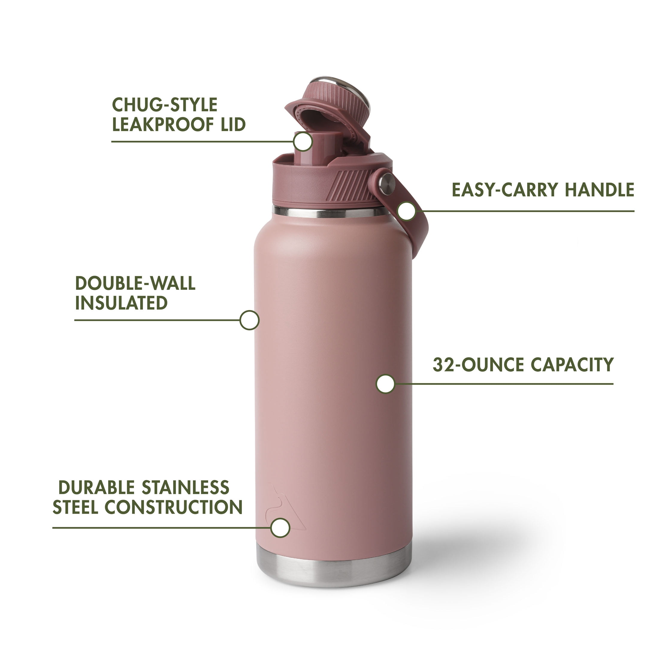 Ozark Trail 32 oz Stainless Steel Insulated Chug Water Bottle, Rose