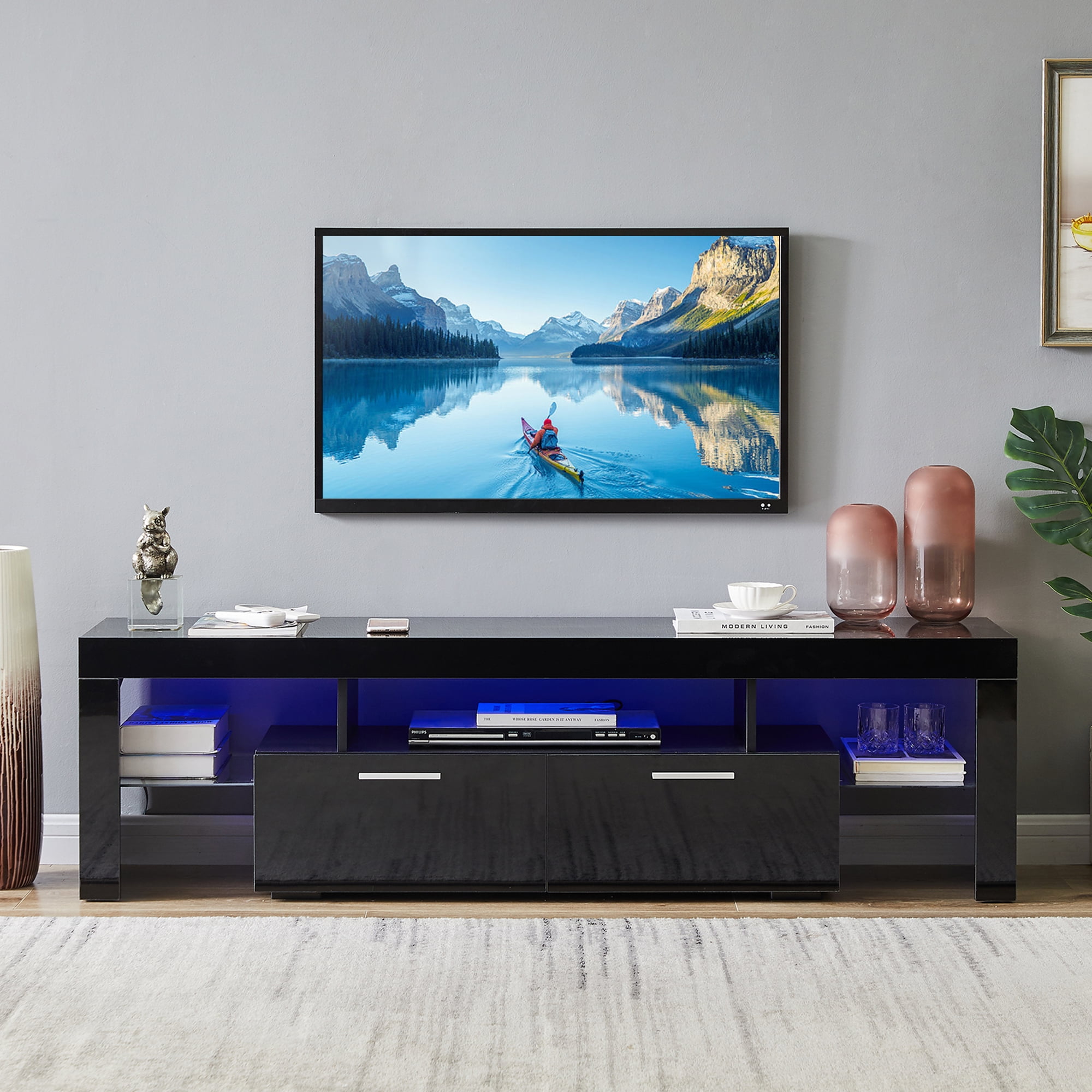 Uhomepro Tv Stand For Tvs Up To 70 Living Room Entertainment Center With Rgb Led Lights And Storage Shelves Furniture Black High Gloss Cabinet Console Table Com