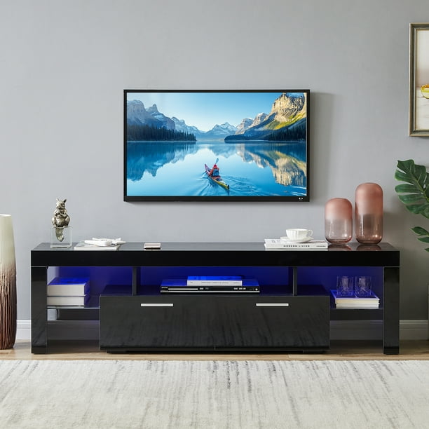 Black TV Stand with 16 Colors LED Remote Control Lights, TV Console