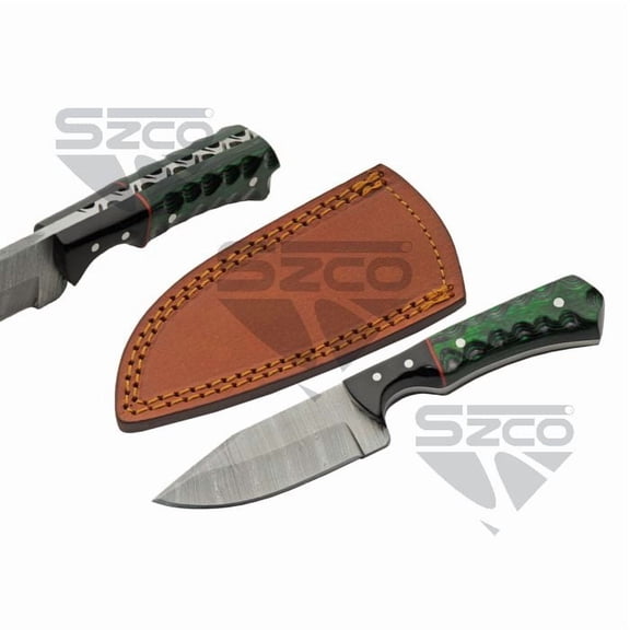 SZCO 6.5-Inch Emerald Wood Skinner Knife Damascus Steel Blade with Green Black Pakkawood Handle, Red Spacer, and Leather Sheath