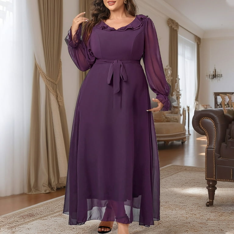 Jinhomg Mother of The Bride Dresses Plus Size Puff Sleeve Chiffon Maxi Dress Elegant Empire Waist Evening Formal Dress with Belt Purple Xxxl, Women's,