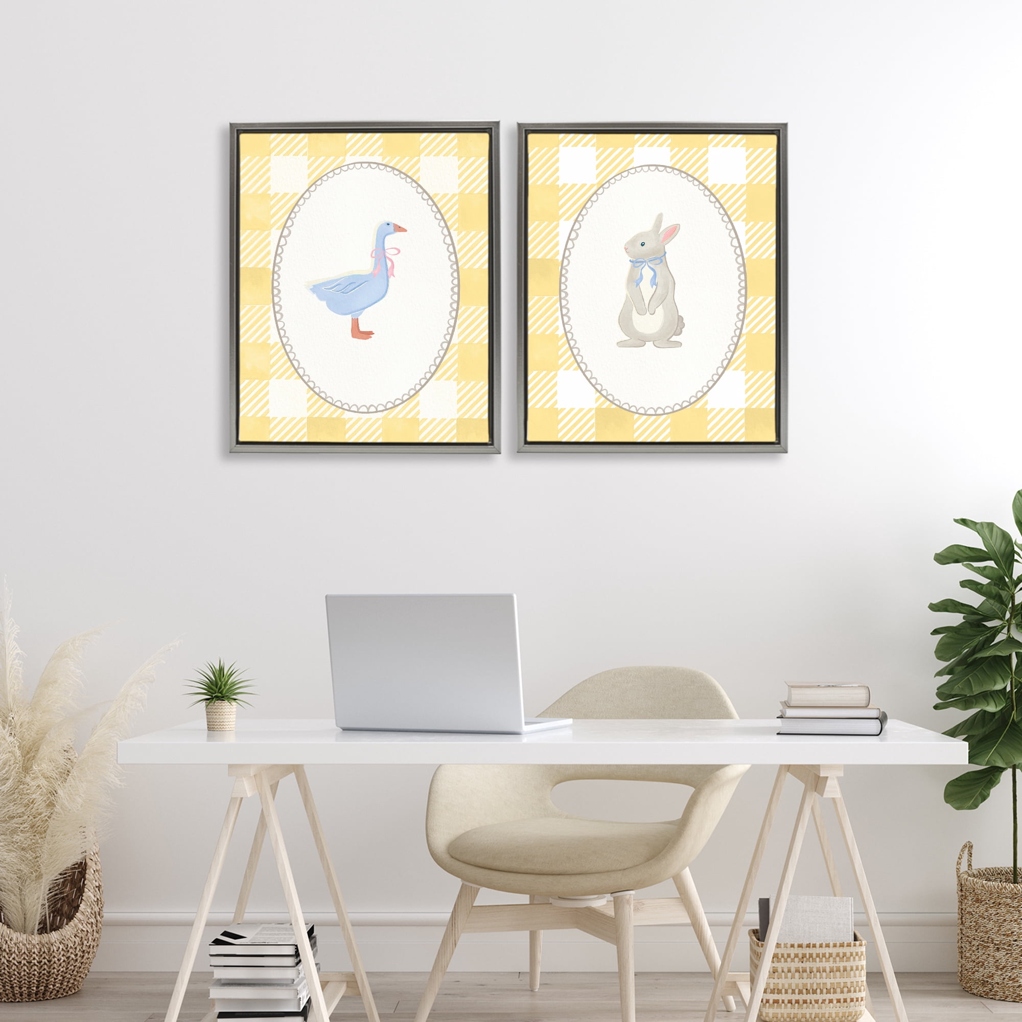 Stupell Industries Goose & Bunny Yellow Gingham 2 Piece Gray Framed Floater Canvas Set, design by The Paper Curator